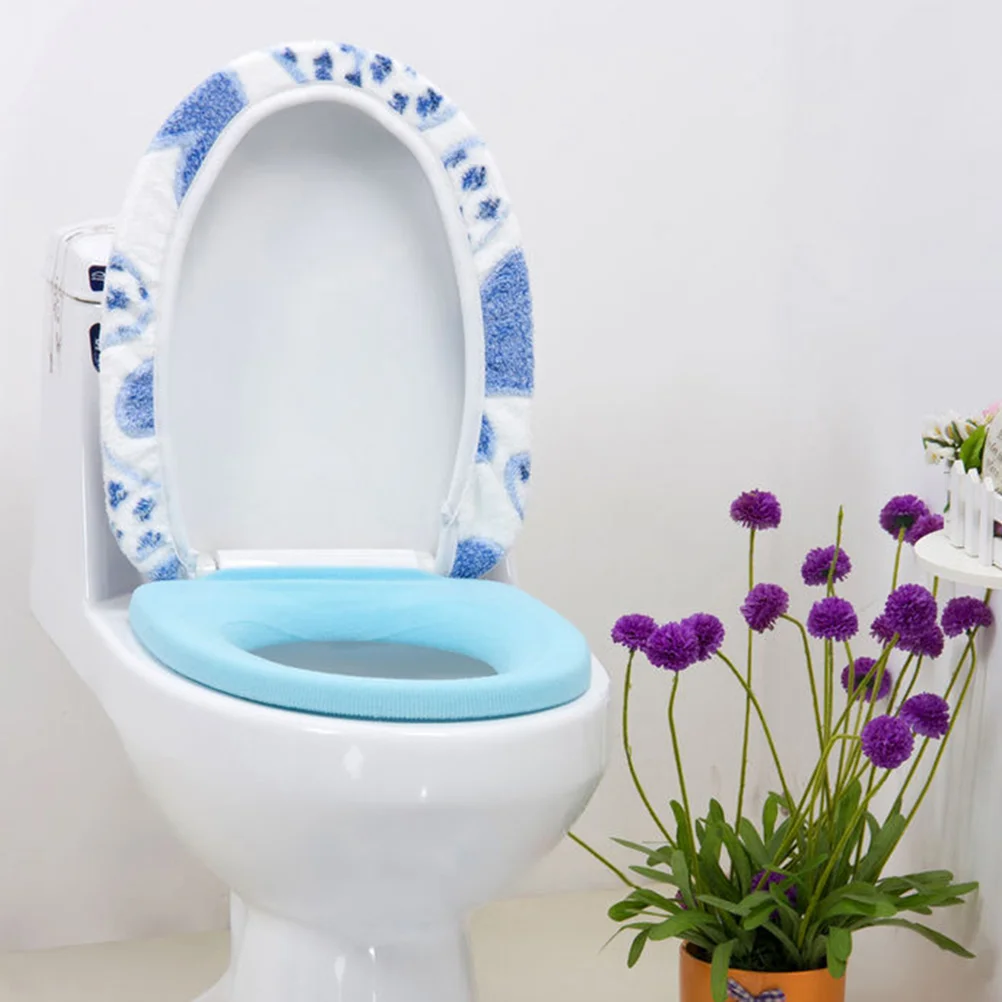 2Pcs Super Thick Coral Fleece Toilet Seat Cover Set Fabric Fashion Home Decoration (Blue) toilet seat cover cushion