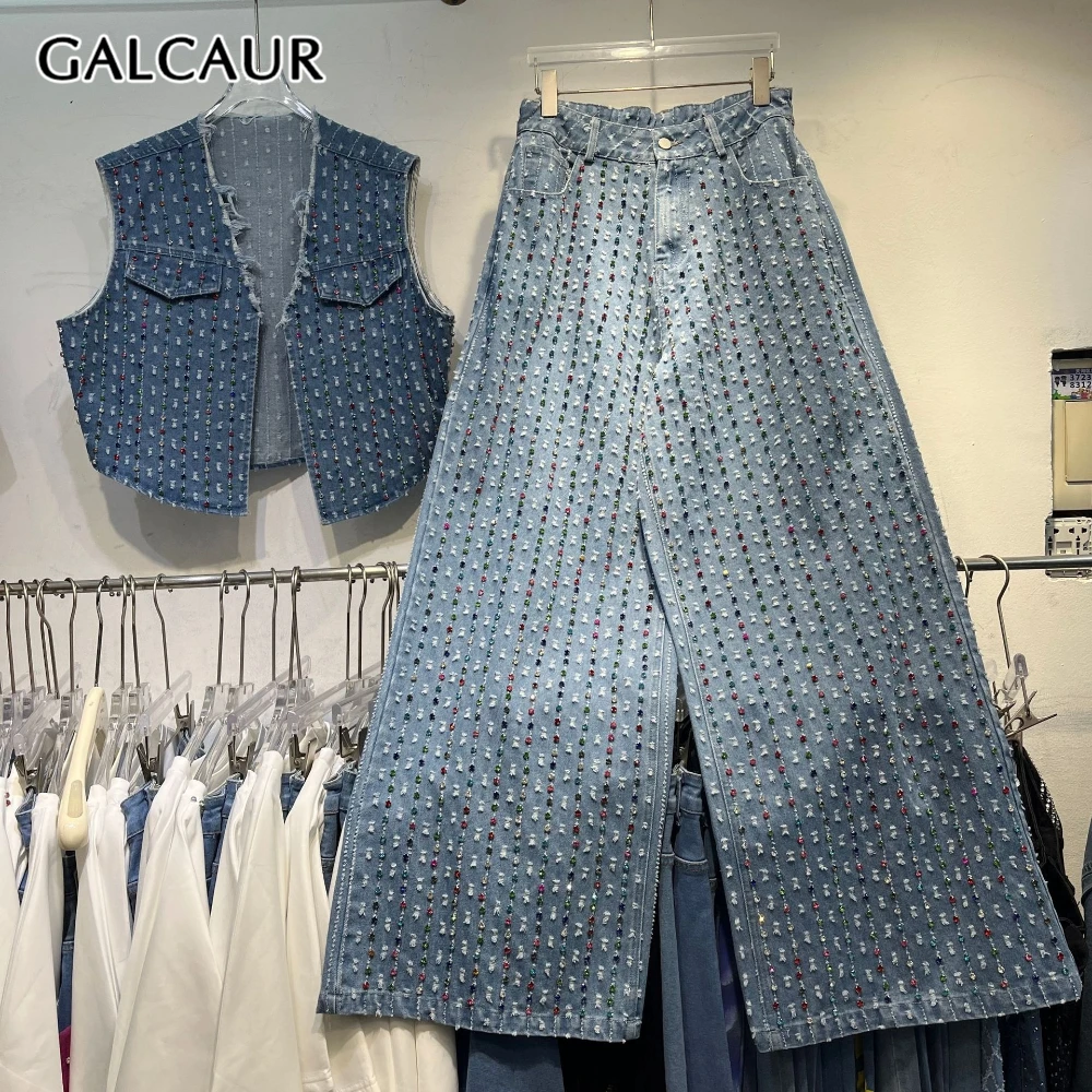 

GALCAUR синий сращенный бисер комплект из двух предметов женская куртка без рукавов с v-образным вырезом уличная одежда дизайн женские брюки комплекты модная новинка