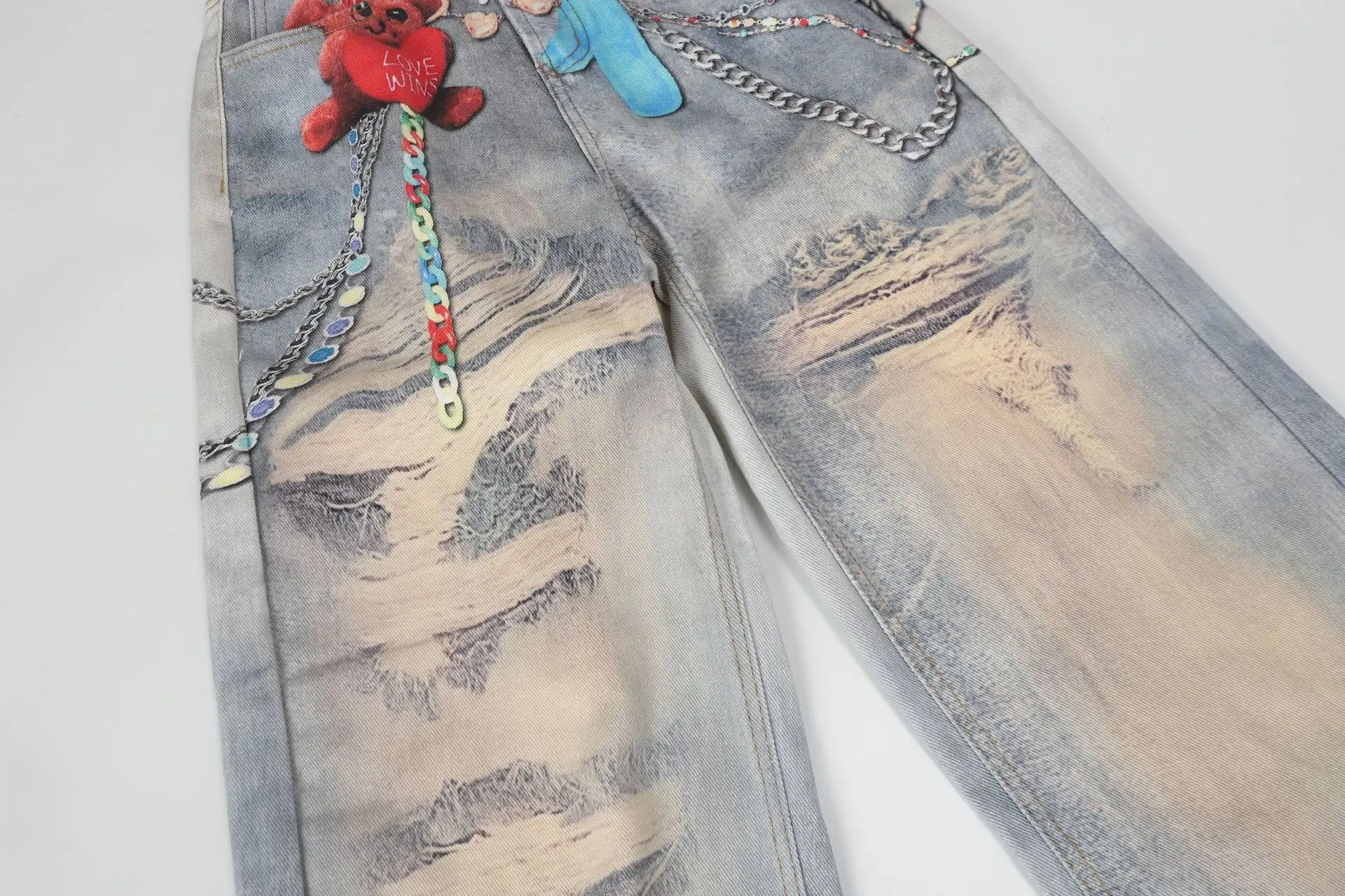 남성 하이 스트리트 그래피티 힙합 청바지 패션 스트릿웨어 페인티드 데님 트라우저 워싱 프린트 그래피티 진 스트레이트 핏