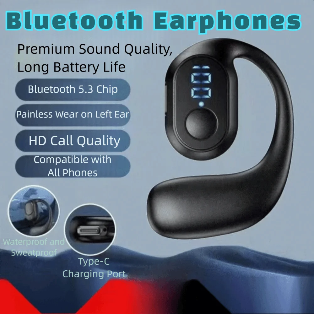 Bluetooth 5.3 Wireless Headphones Ear Hook Design HiFi Sound Single Music Earbuds Handsfree IPX5 Waterproof Bluetooth Earphones