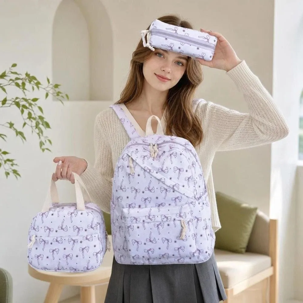 3PCS Bow Print Backpack,lunch Bag,Pencil Case Set Spacious Lightweight Schoolbag Set Sweet Portable Student Rucksack Set Campus
