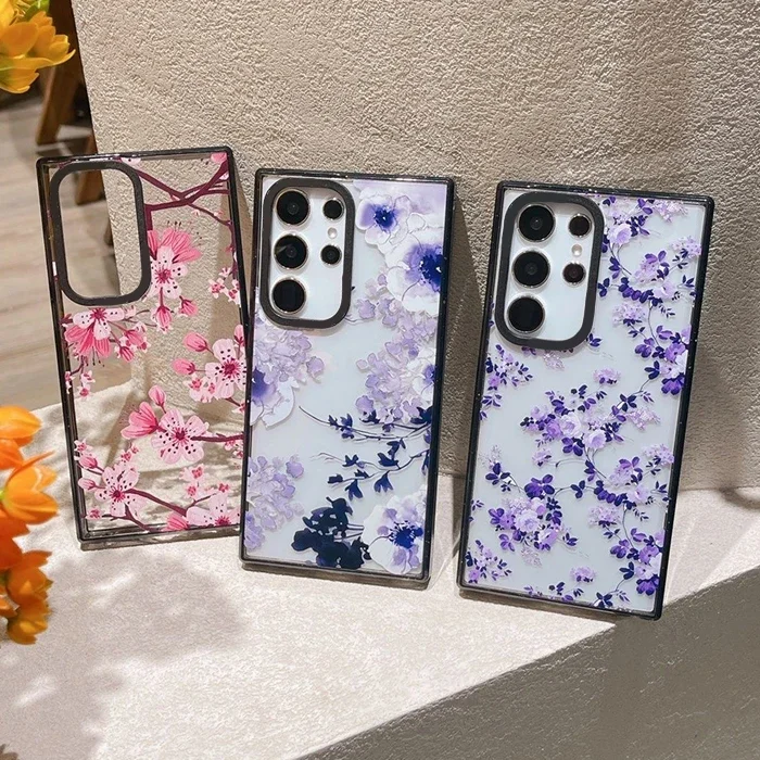 

Pink Purple Flower Acrylic Black Border Case for Samsung Galaxy S22 S23 S24 Ultra S23+ S24 Plus Protective Shell