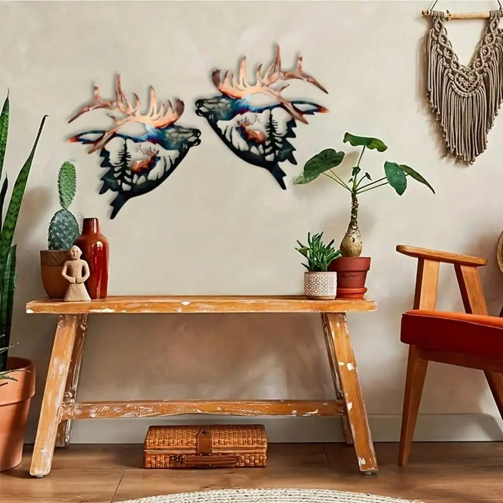 2PC Iron Elk & Deer Wall Art,Home Decor,Xmas/Halloween Gift,Wall Sculpture