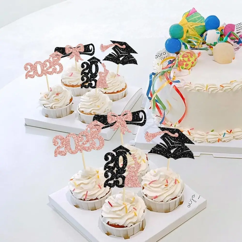 

24Pcs Glitter 2025 Graduation Cake Toppers Pink and Gold DIY Graduation Party Cake Decoration Graduation Theme Cupcake Toppers