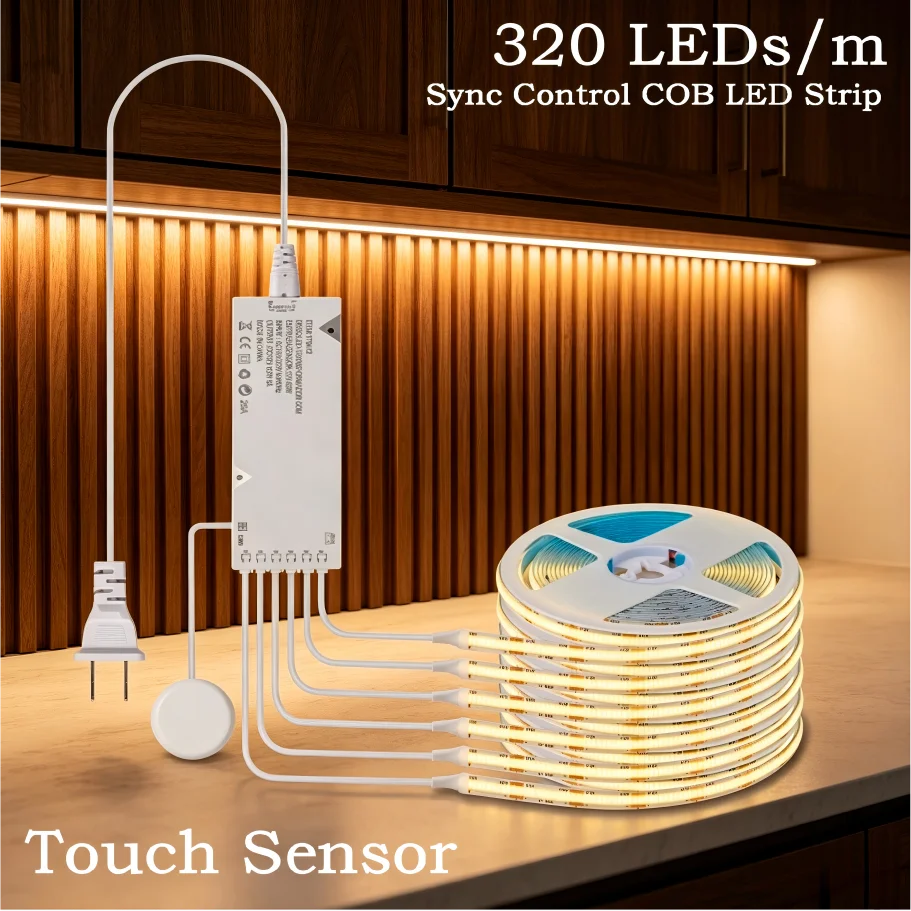 Touch Sensor COB LED Strip Sync Control Embedded Light Walnut Acoustic Wall Panel Lamp Under Cabinet Display Case Home Decor