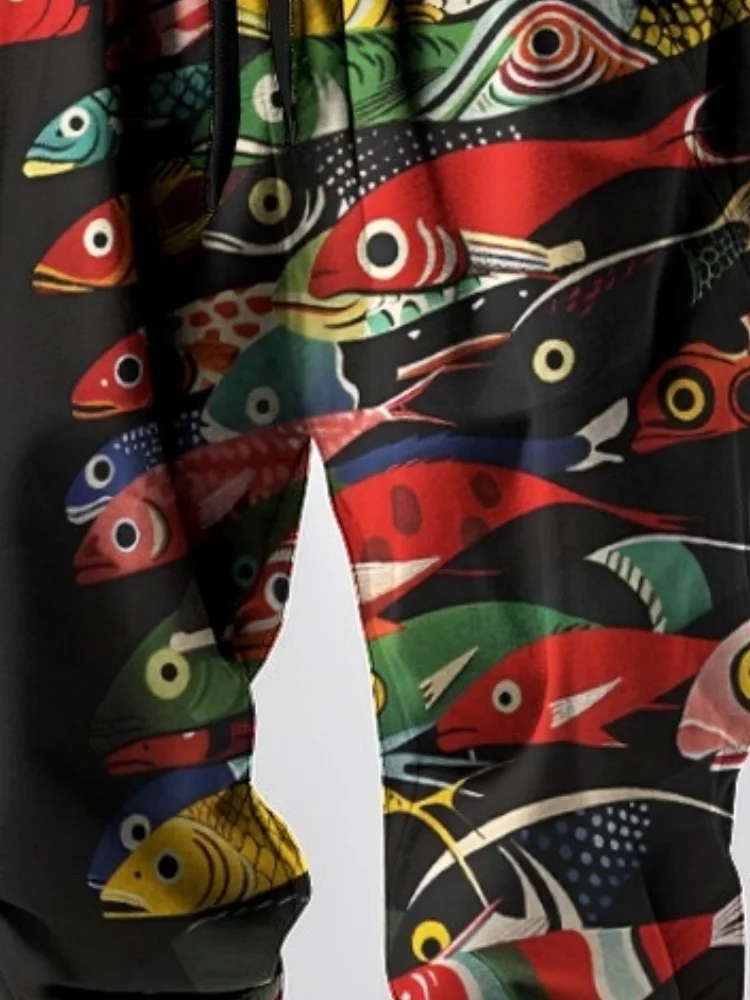 メンズ マルチカラー フィッシュプリント ルーズ ドローストリング ウエスト スウェットパンツ カジュアル エラスティック ウエスト ヴィンテージ ボトムス 2025 シック ポケット スポーツパンツ