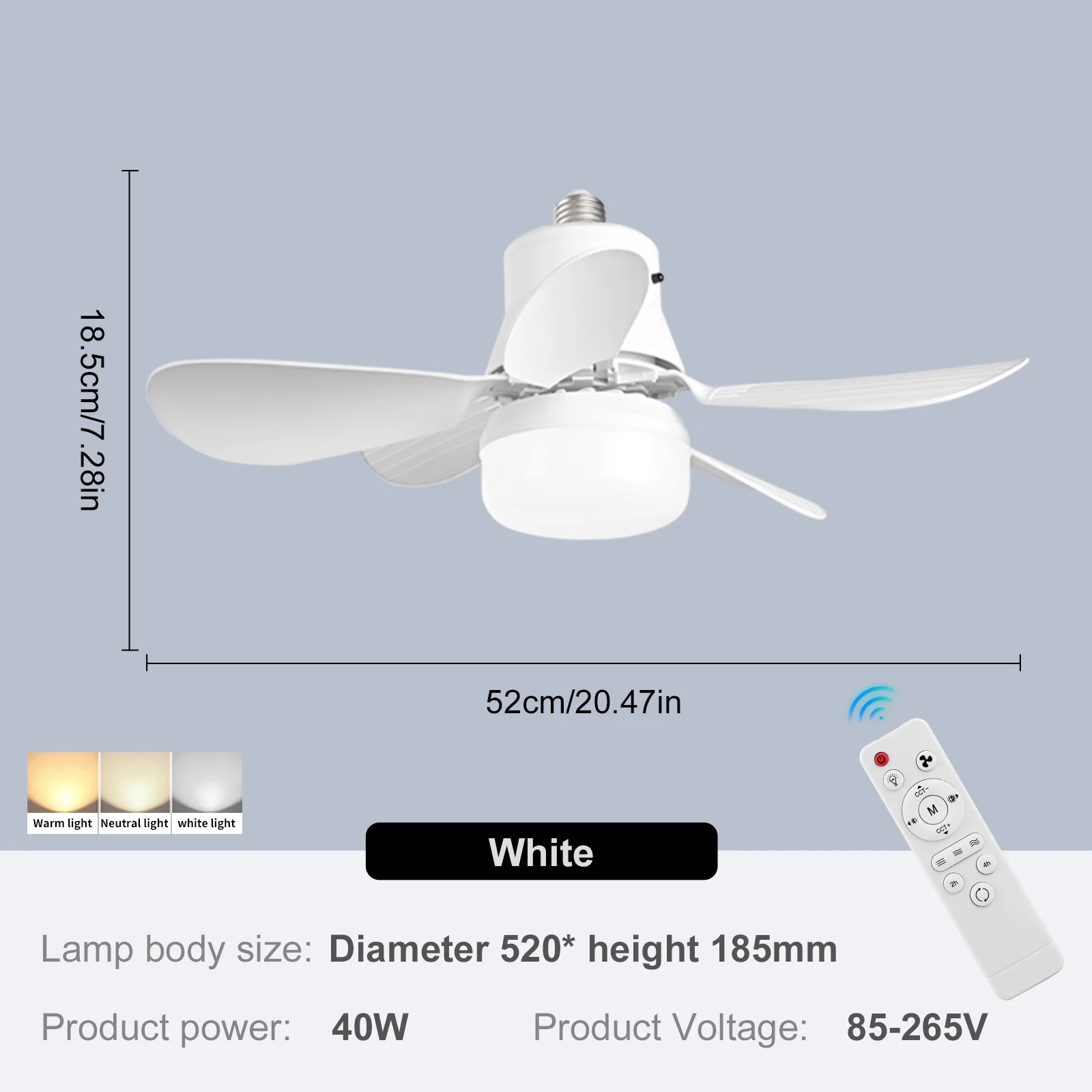 Ceiling Fan with Light Ceiling Fan Light Remote Control LED Light Fan 3 Light Colors Socket Fan Light Low Noise for Dining Room