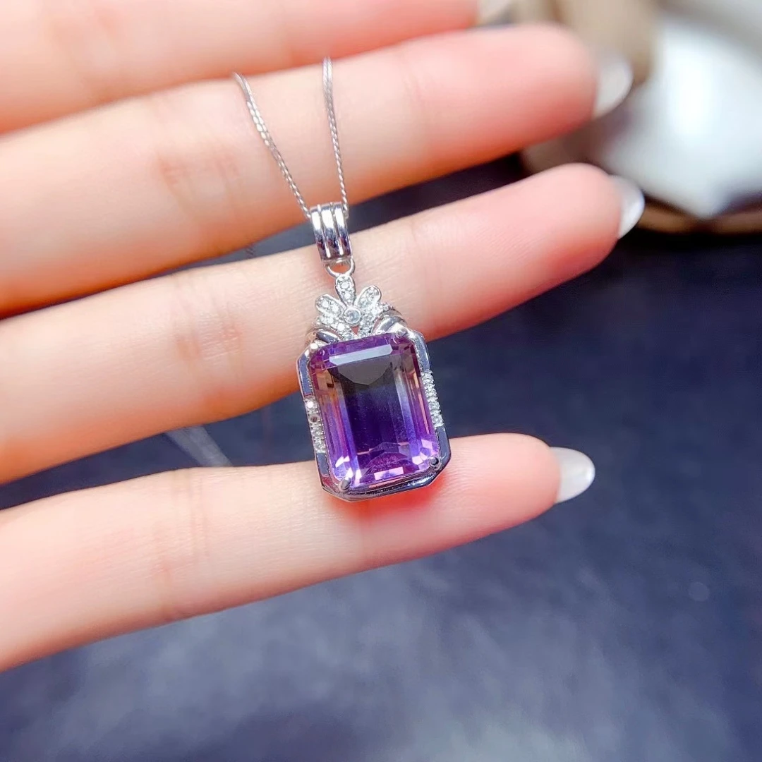 MeiBaPJ 10*14 Real Natural Ametrine Gemstone Fashion Pendant Necklace for Women 925 Pure Silver Fine Charm Jewelry