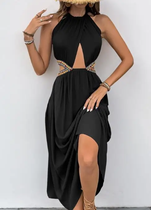 

Women's Dress 2025 Fashion Summer Latest New Sleeveless Halter Dress Hollow-Out Style, Elegant and Mature, Perfect for Vacation