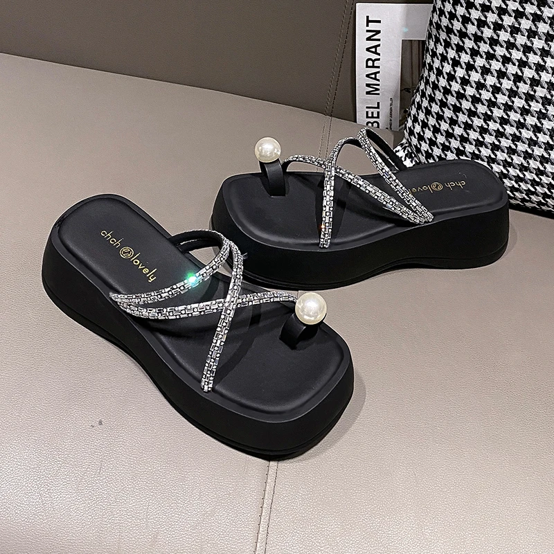 Women's Rhinestone Crisscross Platform Slide Sandals, Fashion Round Open Toe Summer Shoes, Casual Outdoor Beach Slides