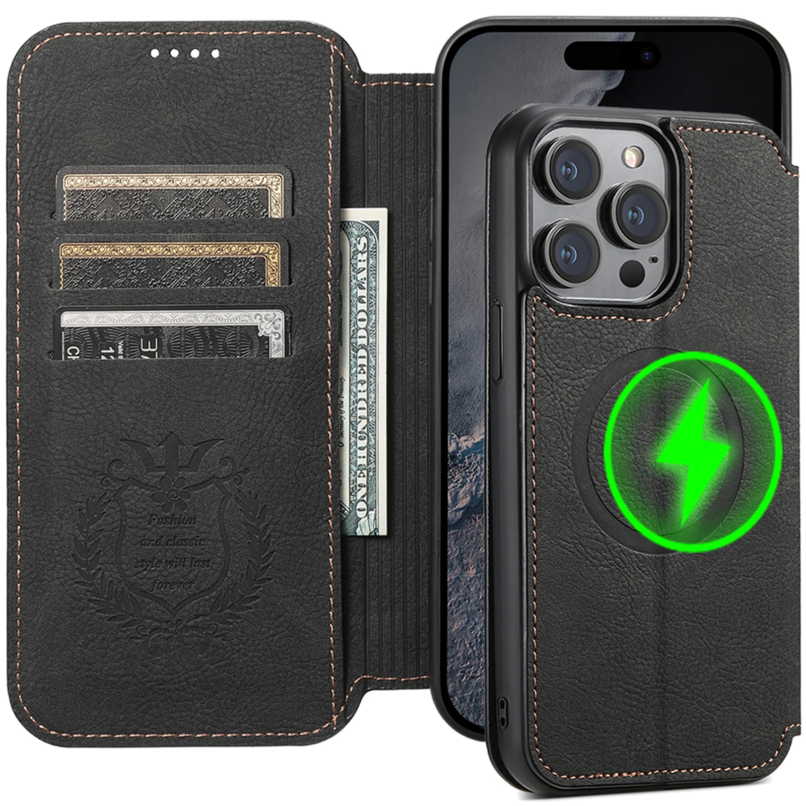 

Slim Fit Premium Leather Magnetic Wireless Charge Case For iPhone 16 Pro Max 14 13 12 15 Pro Max Wallet Card Holder Flip Cover
