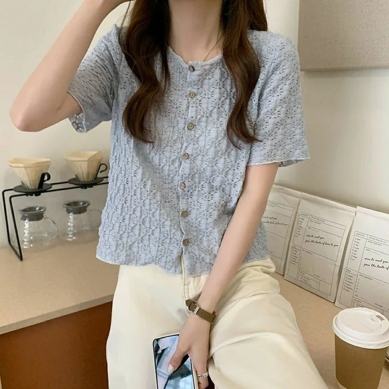 Xpqbb College Style Short Sleeve Shirts Women Vintage Hollow Out Button Up Cropped Shirt Woman Summer Thin O-neck Casual Tops