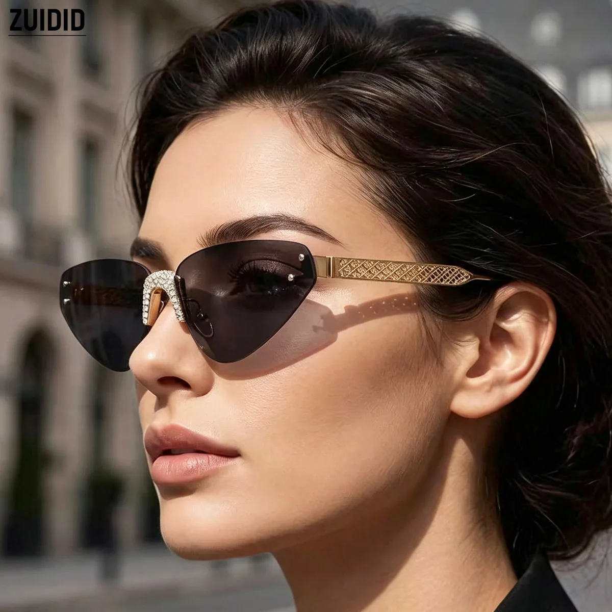 Gafas de Sol Cat Eye para Mujer, Sin Montura, de Moda, Lentes de Sol de Lujo para Vacaciones, Diseño de Marca, Lentes de Sol Mujer, Lunette Soleil Femme