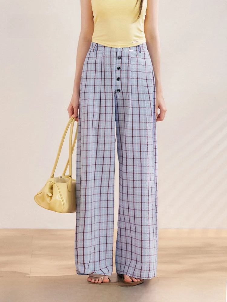 

Comfortable Wide Leg Casual Pants Liilou Pure Cotton Striped Long Buttoning Retro Sle High Waist Straight Tube Trousers