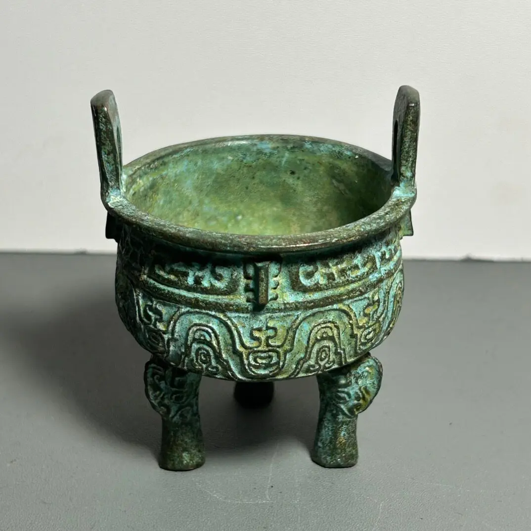 Chinese Old Bronze Tripod Ding Incense Burner Taotie Beast Face Pattern Censer Chinese Scholar Studio Desk Ornament Collectible