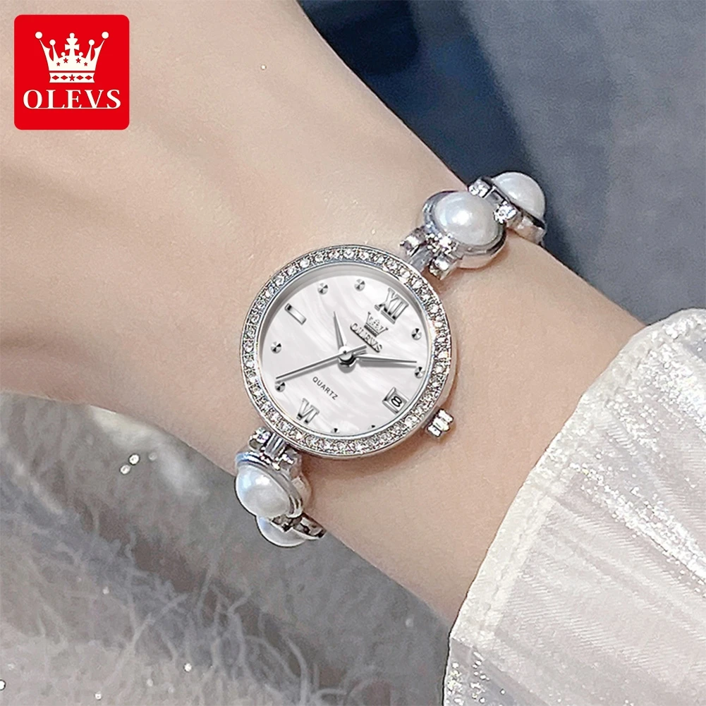 ساعات نسائية فاخرة من OLEVS بحزام لؤلؤ الماس وساعة كوارتز بتقويم مقاوم للماء ومجوهرات للسيدات ساعة يد أصلية