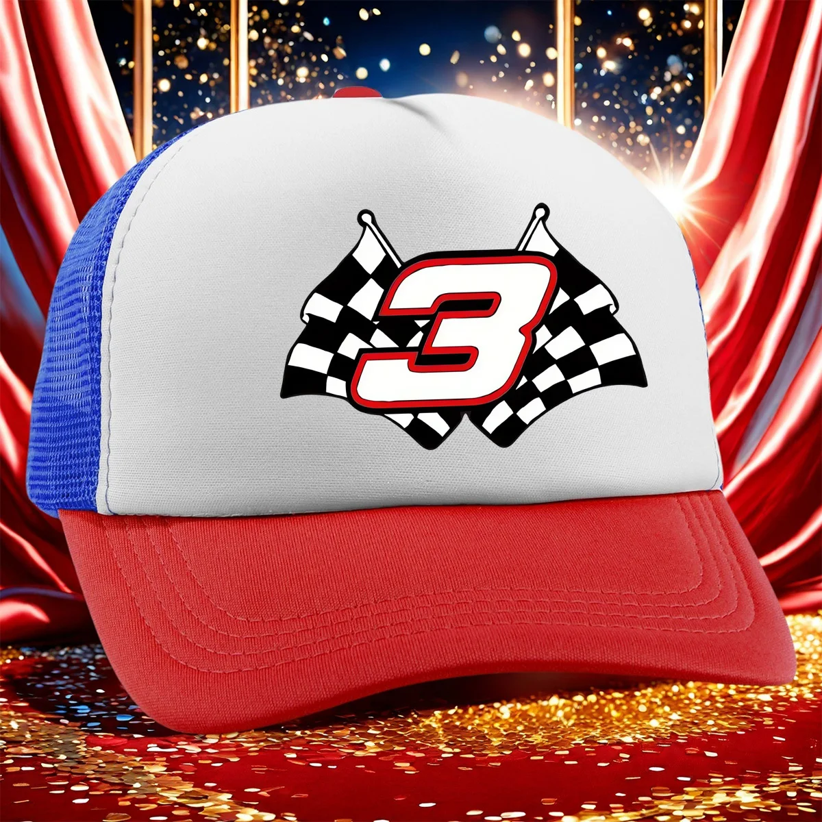 Adjustable Two-Toned Baseball Cap with Playful Checkered Flag Design - Breathable Mesh Back, Polyester, Machine Washable