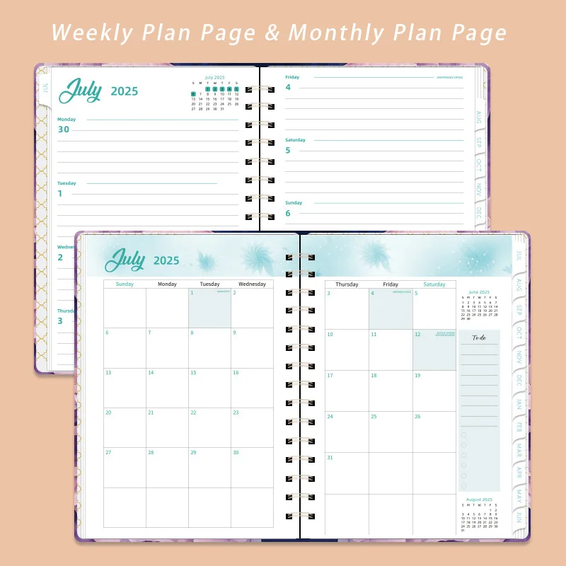 2025 Floral Leaves Pattern English Plan Book Cardboard Cover Calendar 52-week Schedule Student Class A5 Coil Notebook Planner