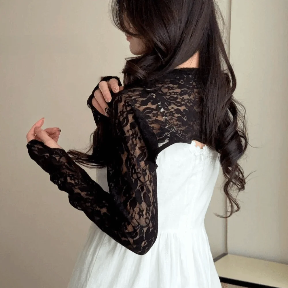 Long Sleeve Lace Sun Protection Tank Top Breathable Fashion Elastic Flower Printed Shawl Lightweight Mesh Top