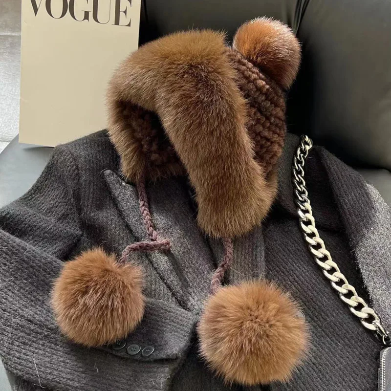 

Mink Fur Hat Lei Feng Hat Natural Fur Hat With Fox Fur Ball With Ear Protection Winter Hat For Women Female Warm Knitted Hat