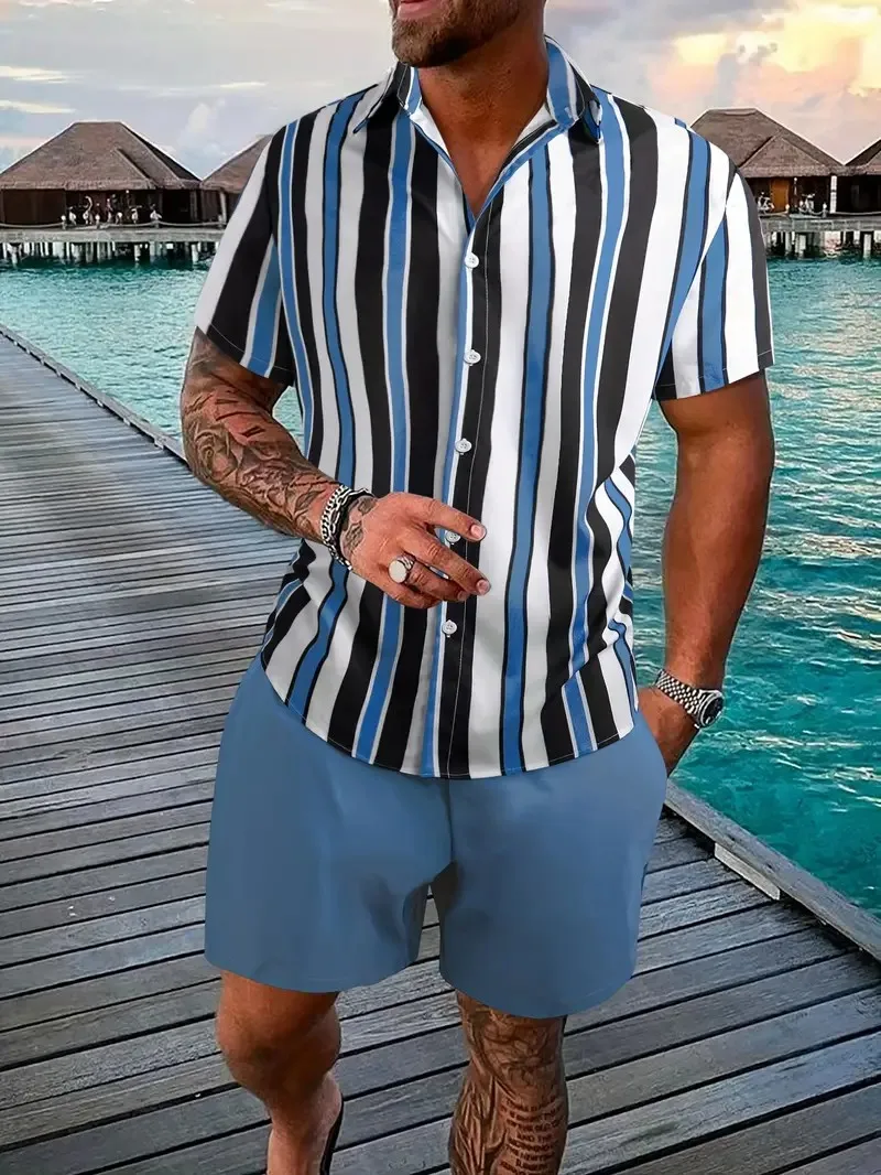 Summer Stripe 3D Print Men Shirt Sets Fashion Short Sleeve Shirt Oversized Casual Beach Shorts Streetwear Hawaiian Suits Clothes