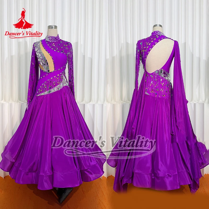 표준 볼룸 왈츠 퍼플 하이넥 진주 실크 의류 AB 스톤 고급 맞춤형 소셜 댄스 긴 소매 드레스