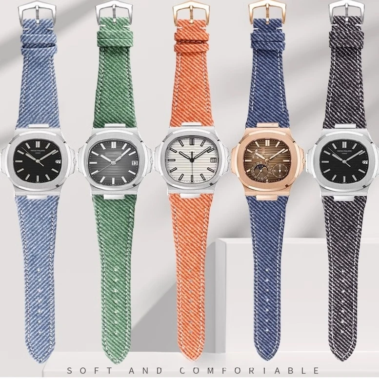 Leather Hybrid Strap For 25mm Notched Design PP5711/5726/5980 Patek Philippe Nautilus Fabric Denim Textured