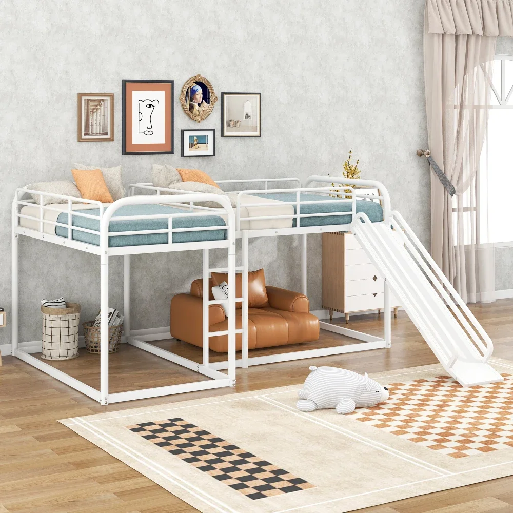 Full and Twin Size L-Shaped Bunk Bed with Slide and Short Ladder, White Bunk Bed with Slide Bunk Beds Cama Para Niña Kids Bed US