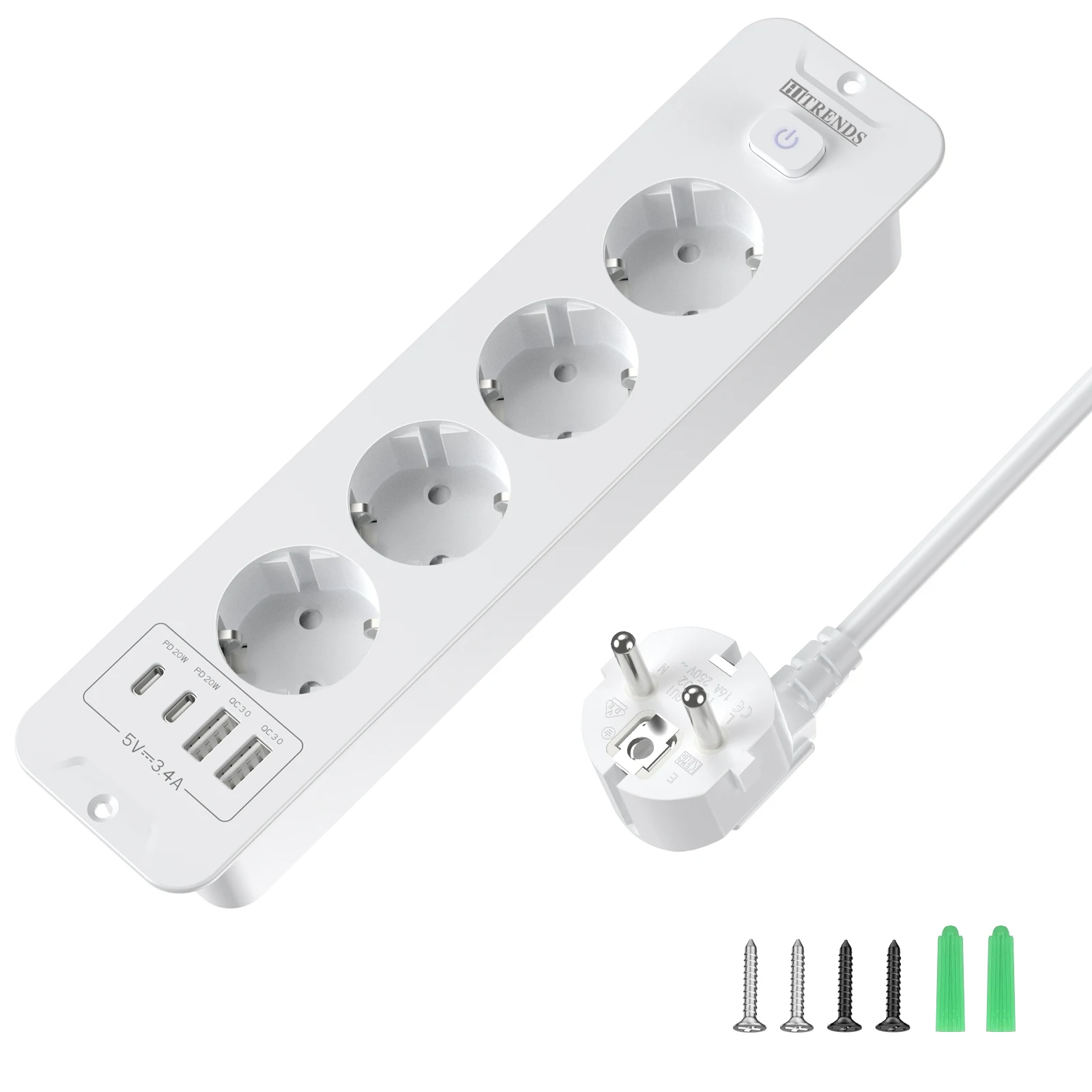 EU Desktop Bulit in Socket Power Strip with 2 USB A 2 USB C, Table Recessed Socket Multiple Plug with Switch 2m Cable 4 Outlet