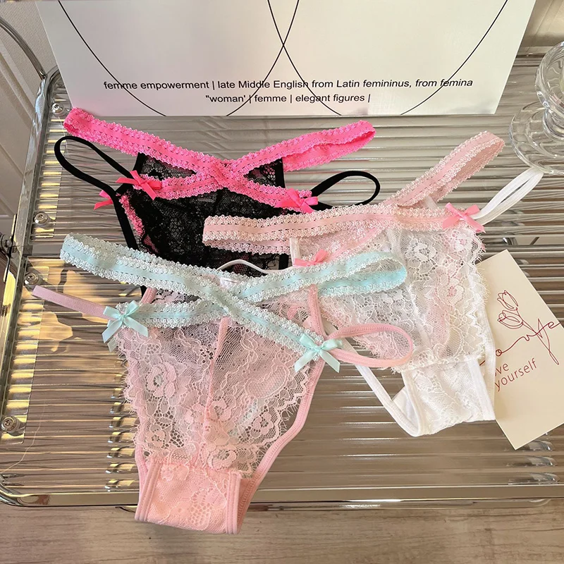 Cross Bandage Lace Embroidery Sexy Women's Underwear Low Waist Transparent Bow Panties Cotton Crotch Soft Thin Briefs Lingerie - view 3