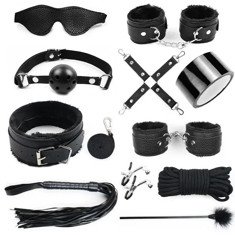 Sex Toys BDSM Bondage Kits Genuine Leather Restraint Set Handcuffs Collar Gag Vibrators Sex Toys For Women Couples Adult Games