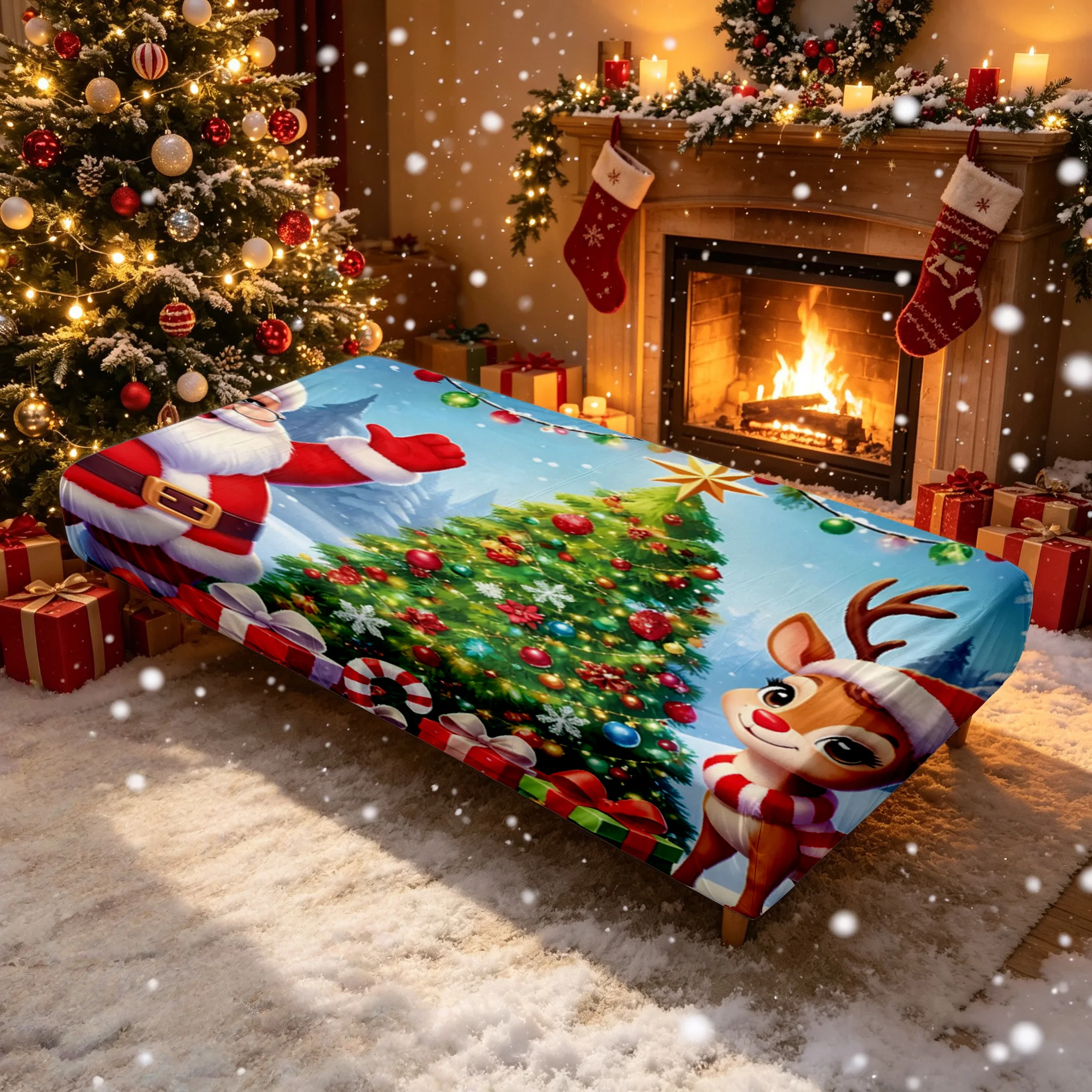 1PC Christmas cartoon Santa Claus deer print elastic folding sofa bed cover holiday living room folding sofa bed decor cover