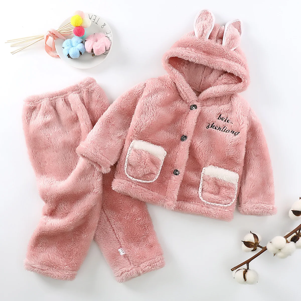 Kids Pajamas Set Winter Thick Boy Girls Plush Clothes 2021 New Cute Flannel 0-5y Baby Children Hooded Homewear Pajamas Suits