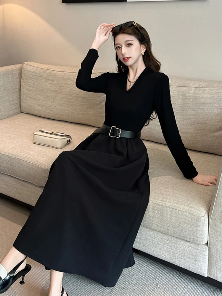 Ropa de calle para mujer, suéter informal de punto negro, Simple, con cuello en V, cinturón ajustado, vestido largo acampanado, Vestidos elegantes para mujer, bata elástica