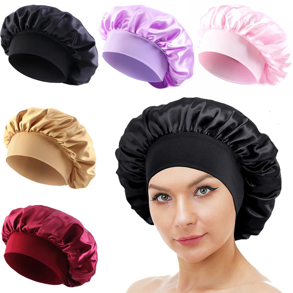 Satin Silk Hair Bonnet for Sleeping Women Wide Brim Sleep Cap Hair Bonnet for Curly Hair Turban Chemo Cap Nightcap Headwear 2024