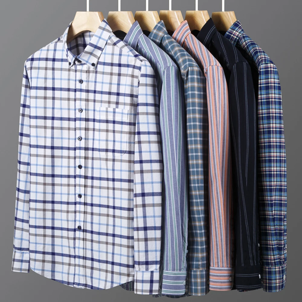 قميص أكسفورد بأكمام طويلة مغسول بأزرار سفلية للرجال مع جيب، 100% قطن ناعم ومريح كاجوال موضة ربيع الخريف ملابس رجالية