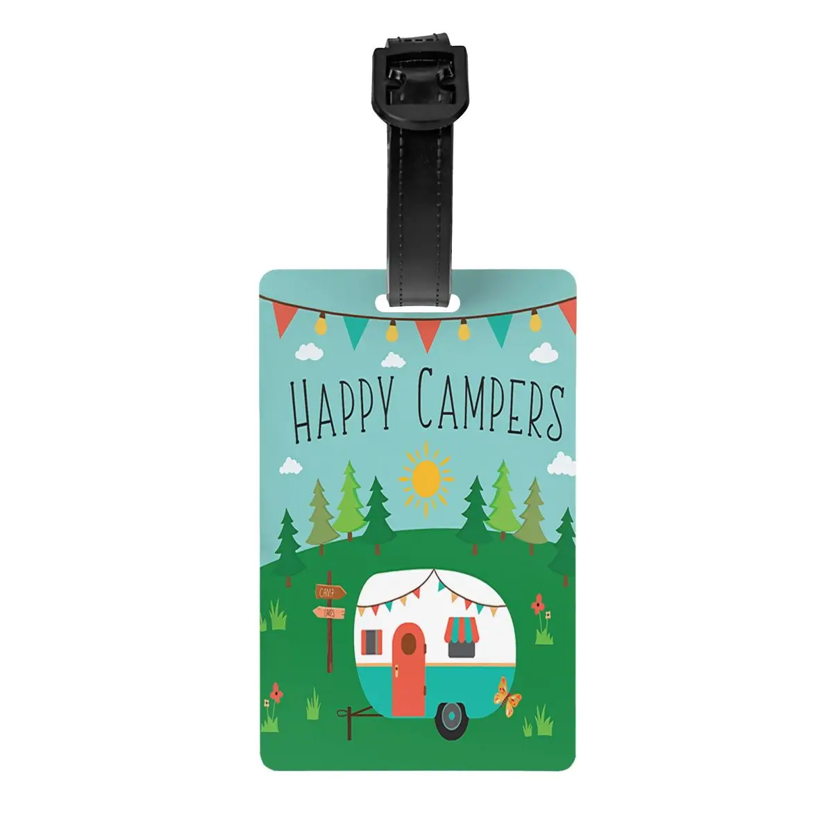 Adventure Camping Happy Campers Luggage Tag With Name Card Cartoon RV Van Life Privacy Cover ID Label for Travel Bag Suitcase