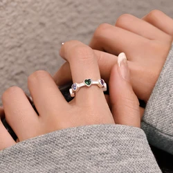 925 Sterling Silver Multicolour Heart Shape Couple Ring For Women Sweet Adjustable Ring Irregular Aesthetics Fine Jewelry Gifts