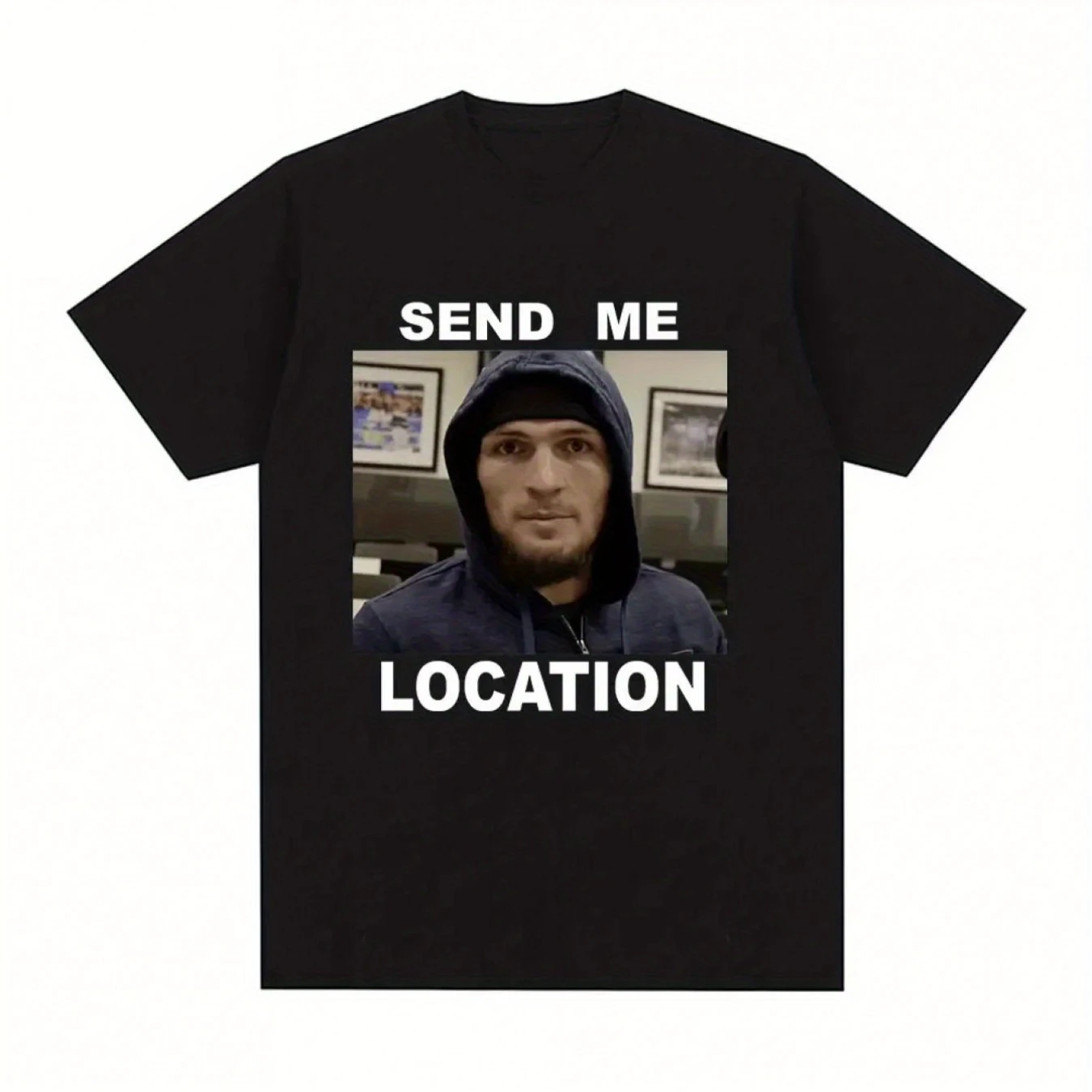 Camiseta con estampado "Enviar Me Location" para hombre - Negro Hip Hop Retro Cuello redondo Manga corta