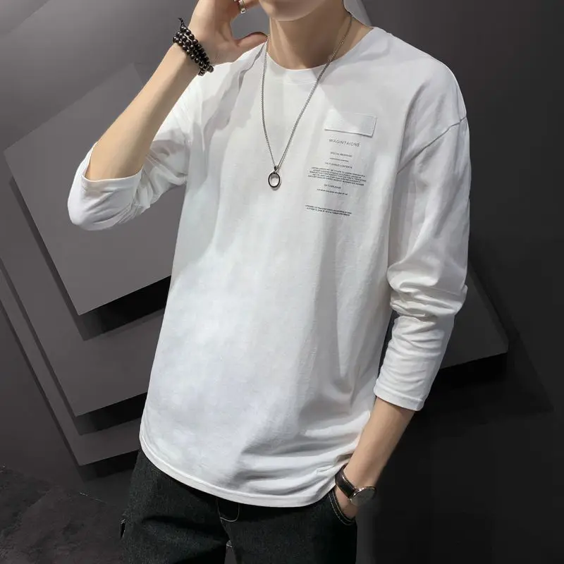 Spring Autumn New Fashion Round Neck Long Sleeve T-Shirts Men\'s Clothing Solid Color Pullovers Korean Trend All-match Chic Tops