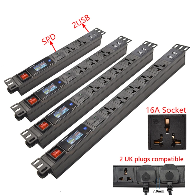 

PDU Power Strip Unit Digital voltage measuring instrument SPD 16A Universal Socket 2 UK plugs compatible 2USB Port