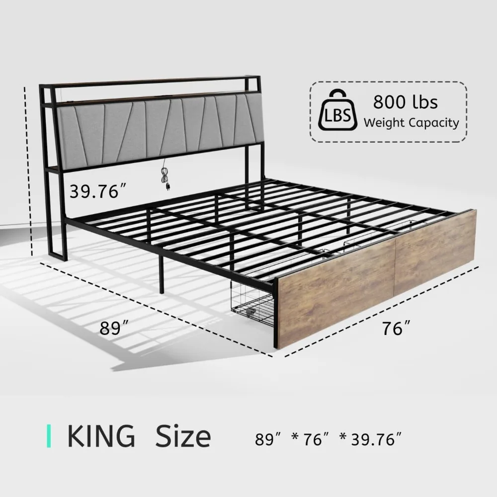 King Bed Frame with LEDLights and USB Ports Industrial Bed Frame with 2Drawers Platform Bed with Headboard and Under-Bed Storage