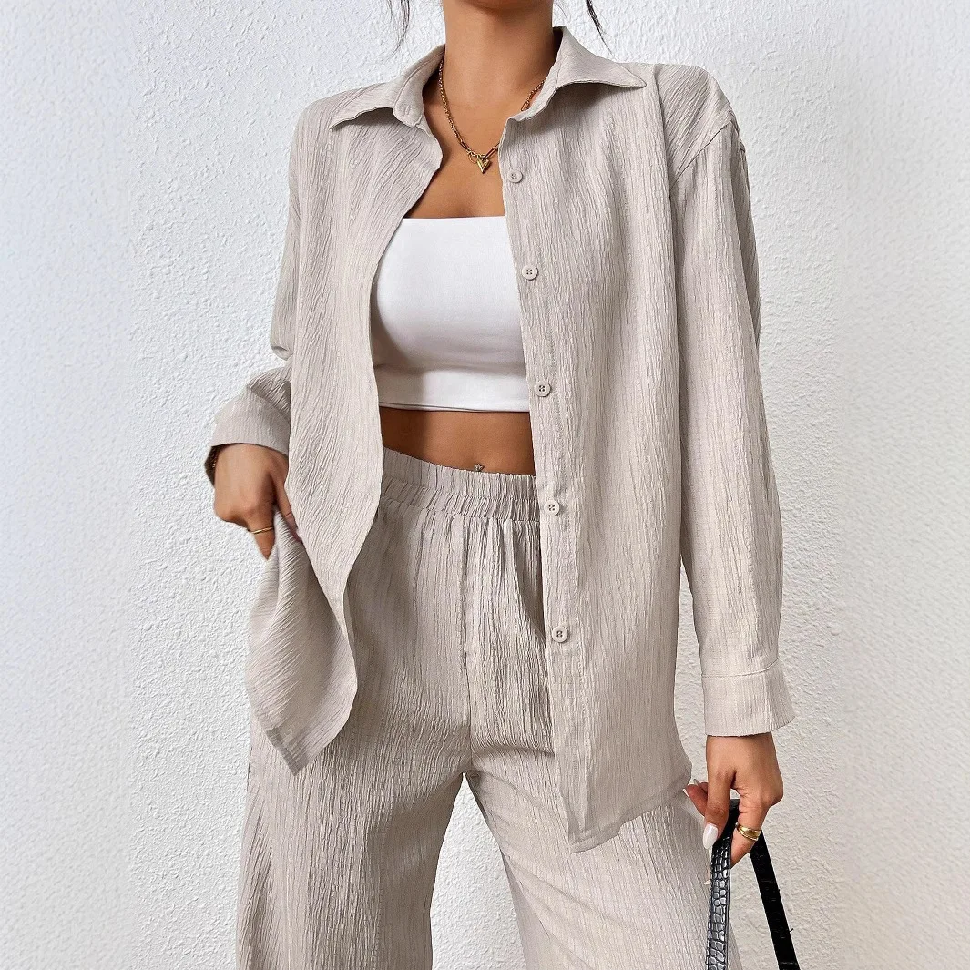 Womens Fall Clothes 2025 Solid Color Lapel Button Long-sleeved Shirt + Elastic Waist Wide-leg Trousers Loose 2 Piece Set Outfit
