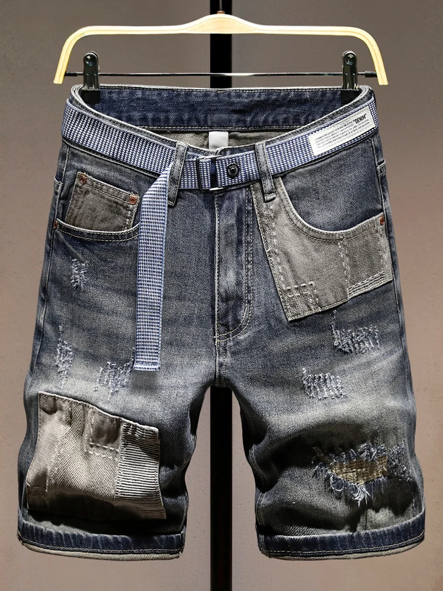 

Модные джинсовые шорты в стиле пэчворк для мужчин, летние, новые цвета, с дырками, укороченные, модные, облегающие, средней длины