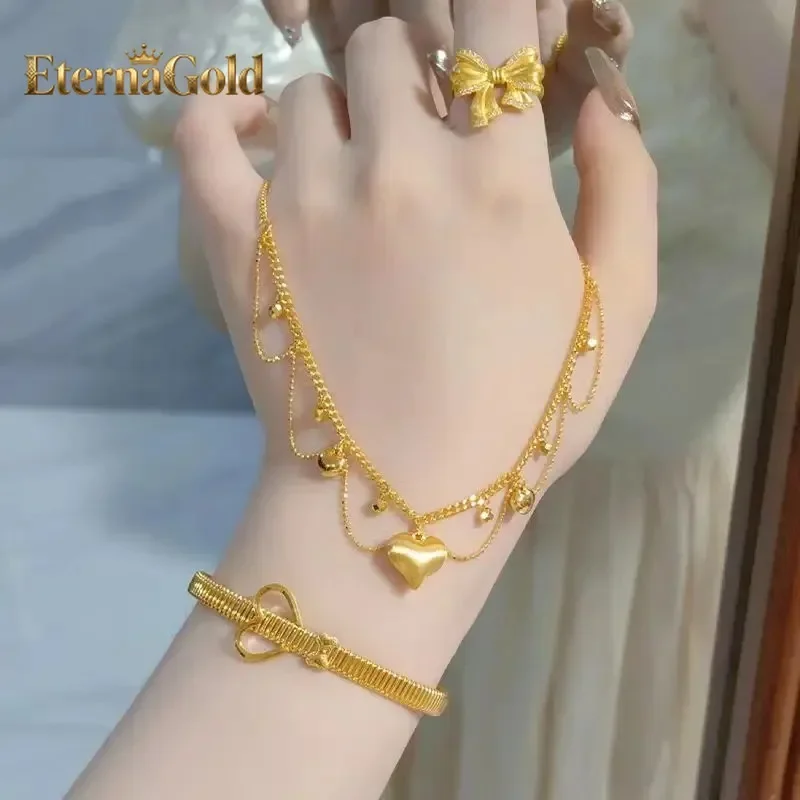 EternaGold 24K real gold high class lace drop necklace Silk tassel set chain 999 gold clavicle chain hollow pendant for girlfrie
