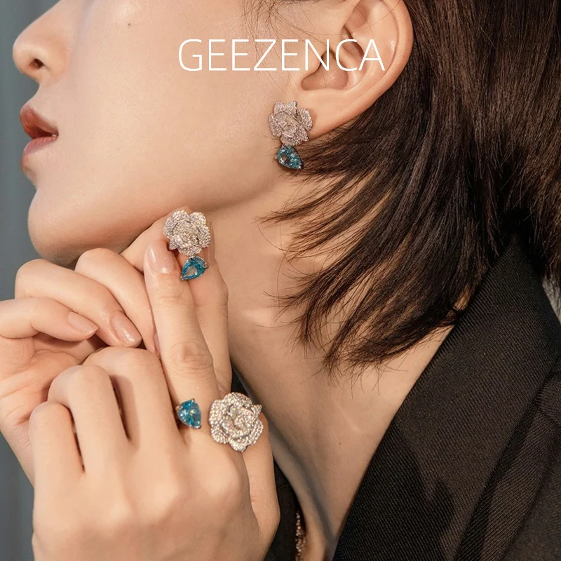 

GEEZENCA 925 Sterling Silver 5A Blue Zircon Rose Shaped Earrings And Ring For Women Cute Chic Luxury Jewelry Set 2024 New Gift