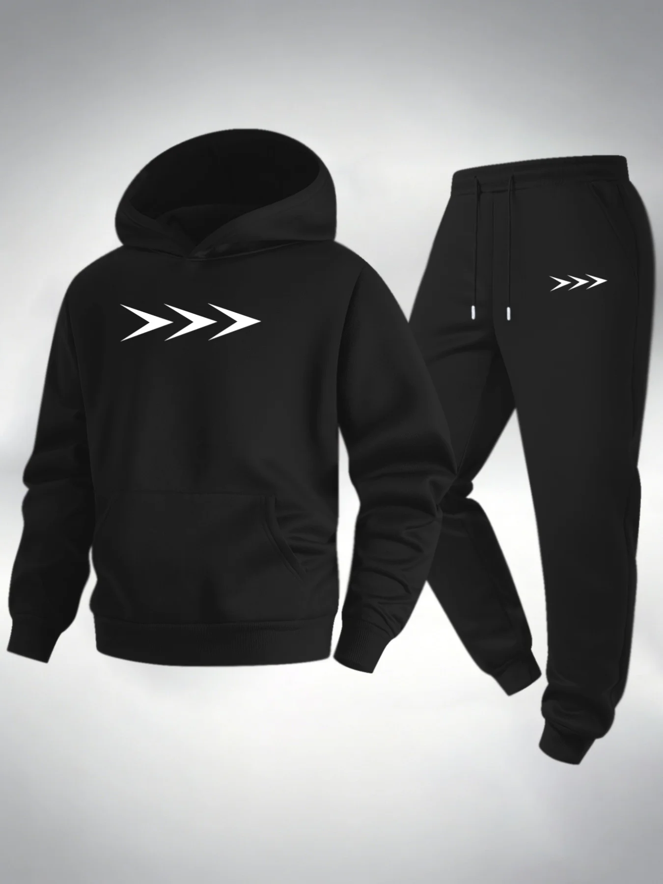 2026 Men Arrow Print Hoodie Tracksuit 2 Piece Set, Solid Color Hooded Pullover & Flat Cuff Jogger Pants Casual Sports Streetwear