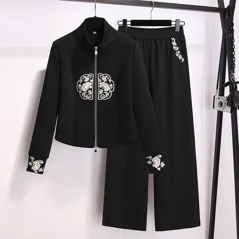 

Casual Sportswear for Women Black New Chinese Style Embroidered Sweatshirt Coat Wide-leg Pants Set