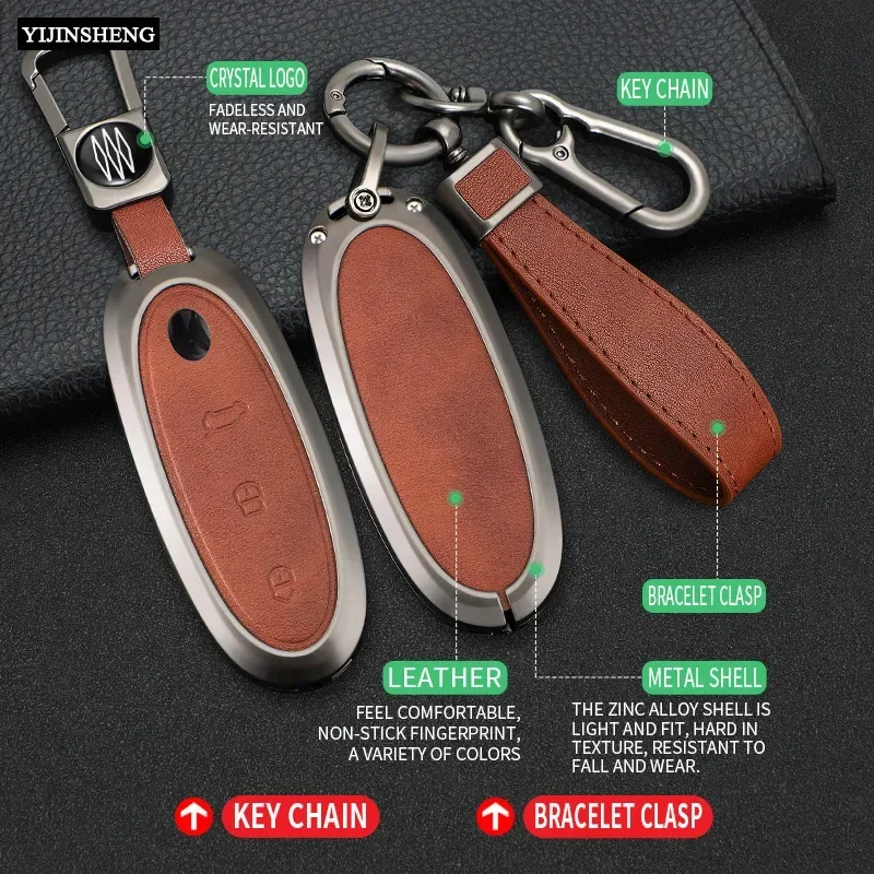 3 Buttons Zinc Alloy + Leather Car Key Case Cover Shell Skin Holder For 2024 Dongfeng NAMMI 01 new Energy Remote Key Protection