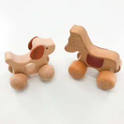 1Pcs Animal Shaped Car Puppy Pony Wooden Pushcart  Wooden Handmade Trolley Montessori Hand-brain Coordination Toys Baby Gift